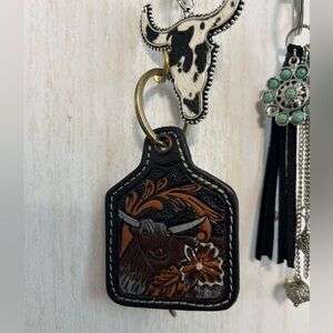 Myra Bag tooled leather cowhide key chain fob 3 piece bundle Turquoise Fringe